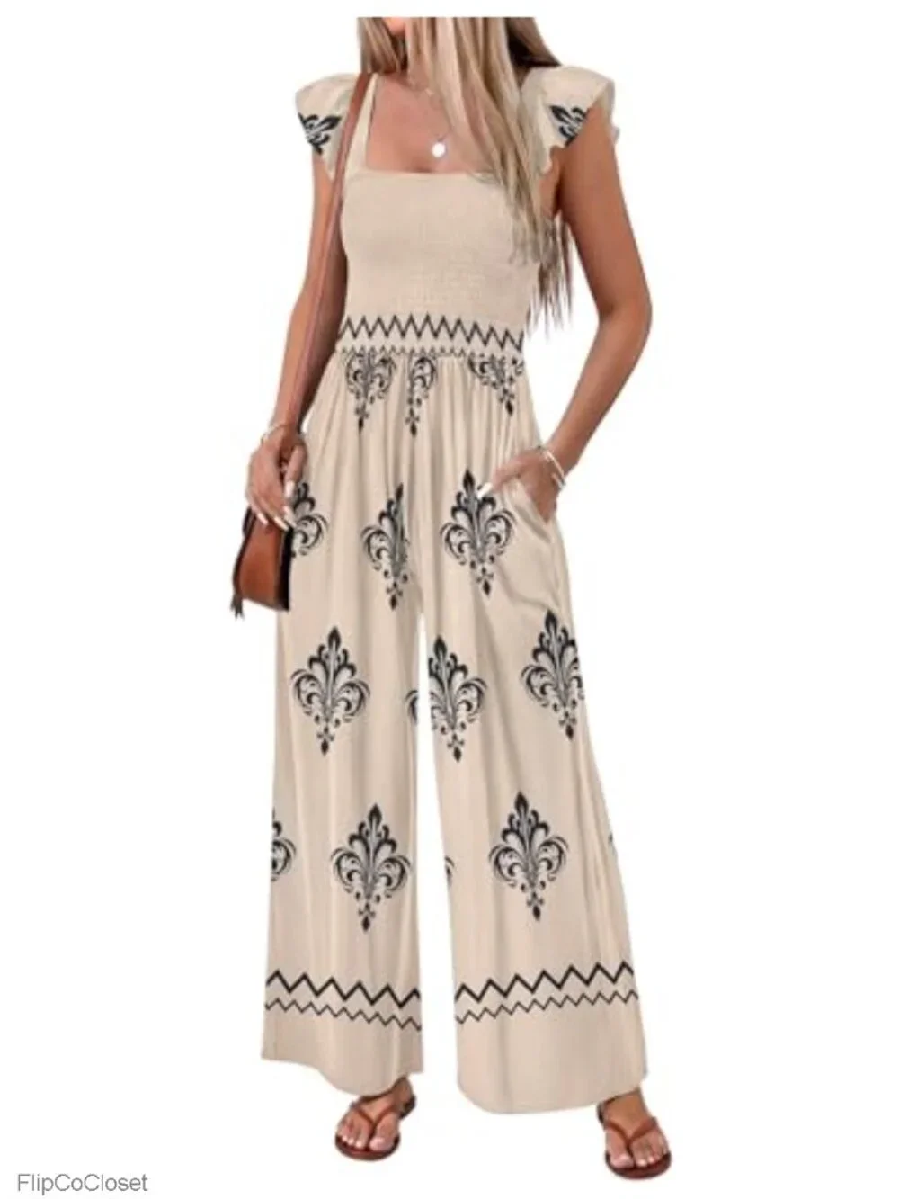 Women's Smocked Floral Boho Jumpsuit Wide Leg Summer Vacation Outfit